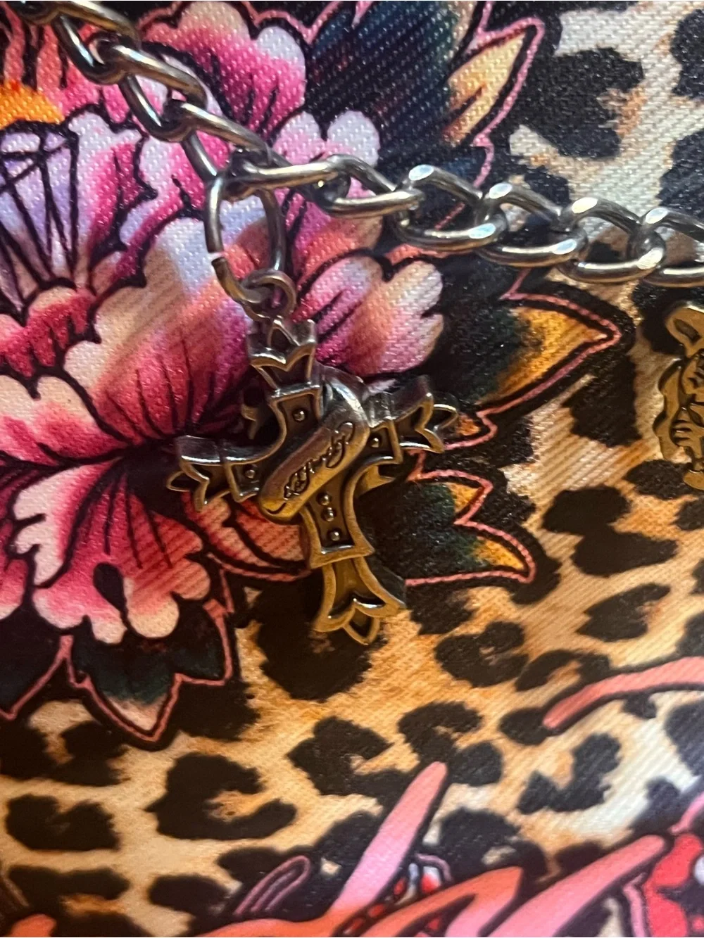 Floral Leopard Print Tote Bag with Skull Accents - Pink